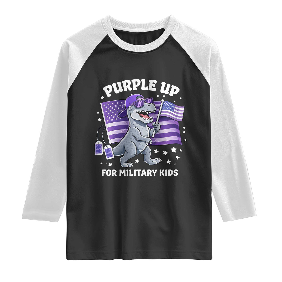 Dinosaur Military Kids Raglan Shirt Purple Up For Military Child Month Patriotic USA Flag TS10 Black White Print Your Wear