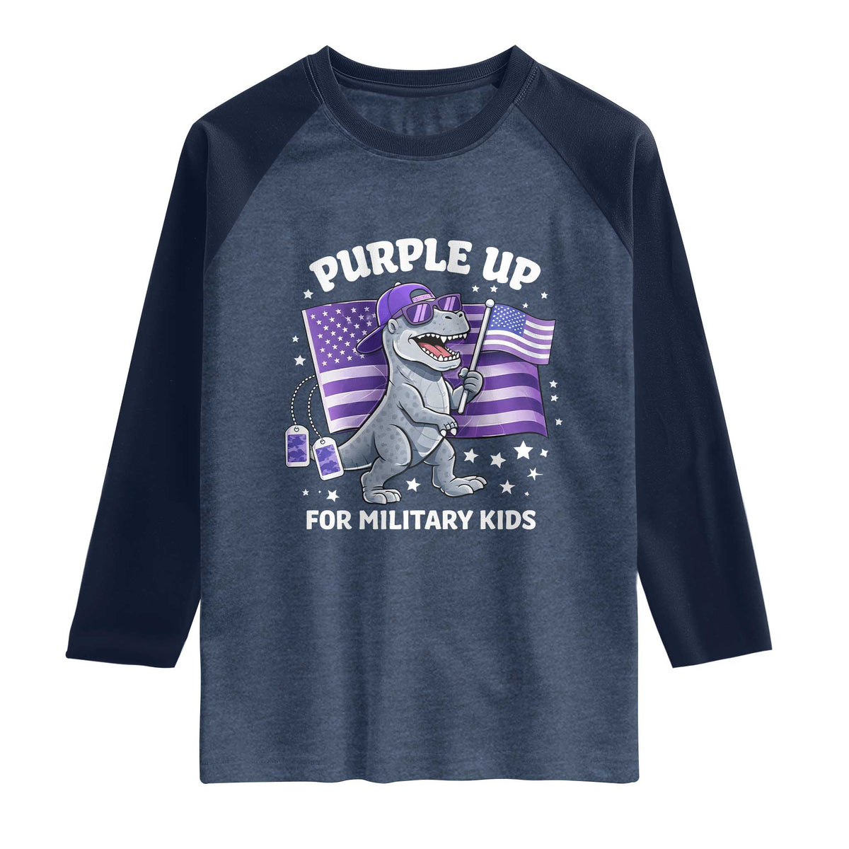 Dinosaur Military Kids Raglan Shirt Purple Up For Military Child Month Patriotic USA Flag TS10 Heather Denim Navy Print Your Wear
