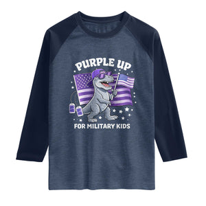 Dinosaur Military Kids Raglan Shirt Purple Up For Military Child Month Patriotic USA Flag TS10 Heather Denim Navy Print Your Wear