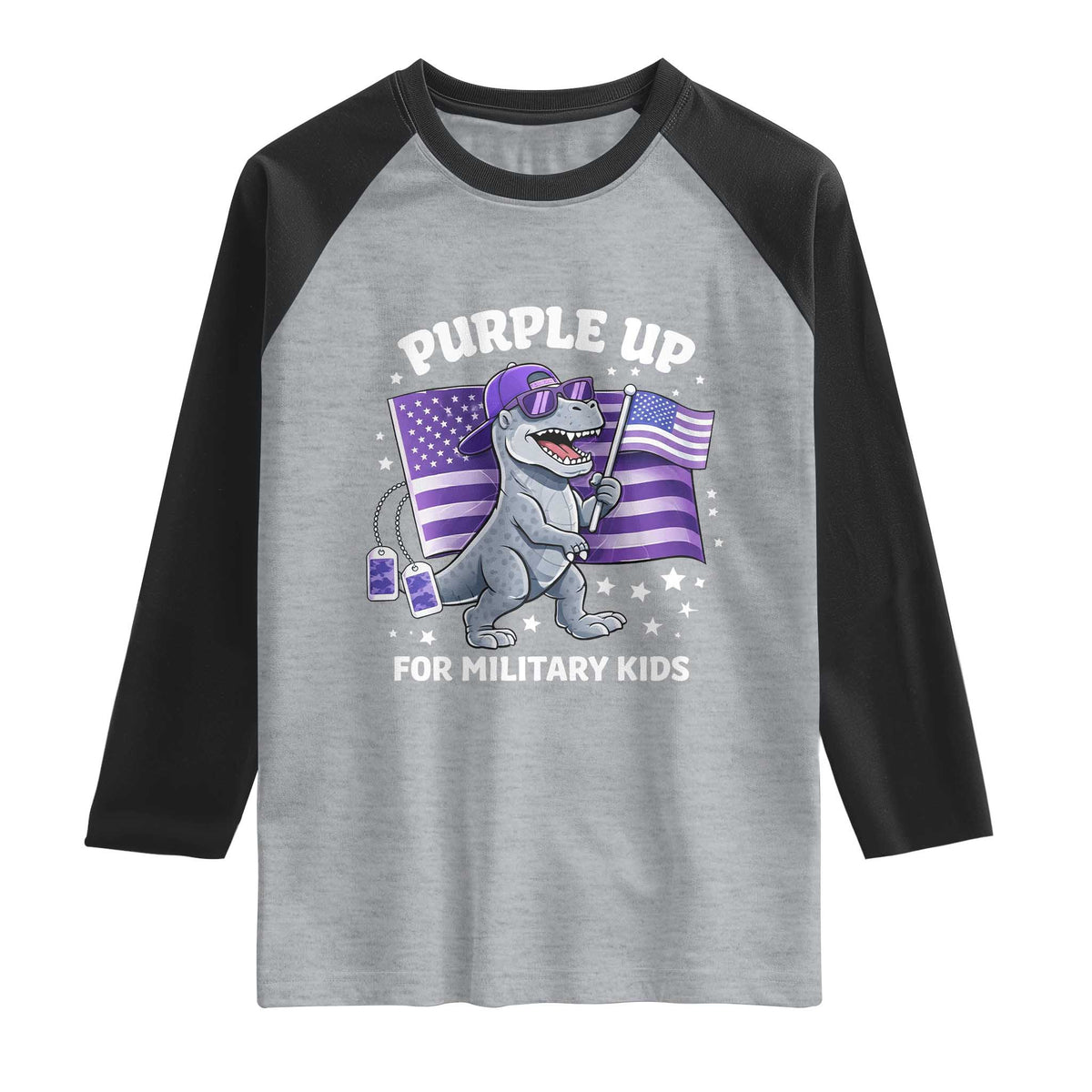 Dinosaur Military Kids Raglan Shirt Purple Up For Military Child Month Patriotic USA Flag TS10 Heather Gray Black Print Your Wear
