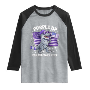 Dinosaur Military Kids Raglan Shirt Purple Up For Military Child Month Patriotic USA Flag TS10 Heather Gray Black Print Your Wear