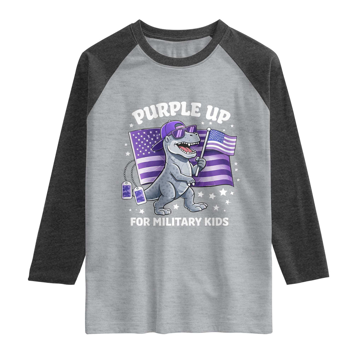 Dinosaur Military Kids Raglan Shirt Purple Up For Military Child Month Patriotic USA Flag TS10 Heather Gray Heather Charcoal Print Your Wear