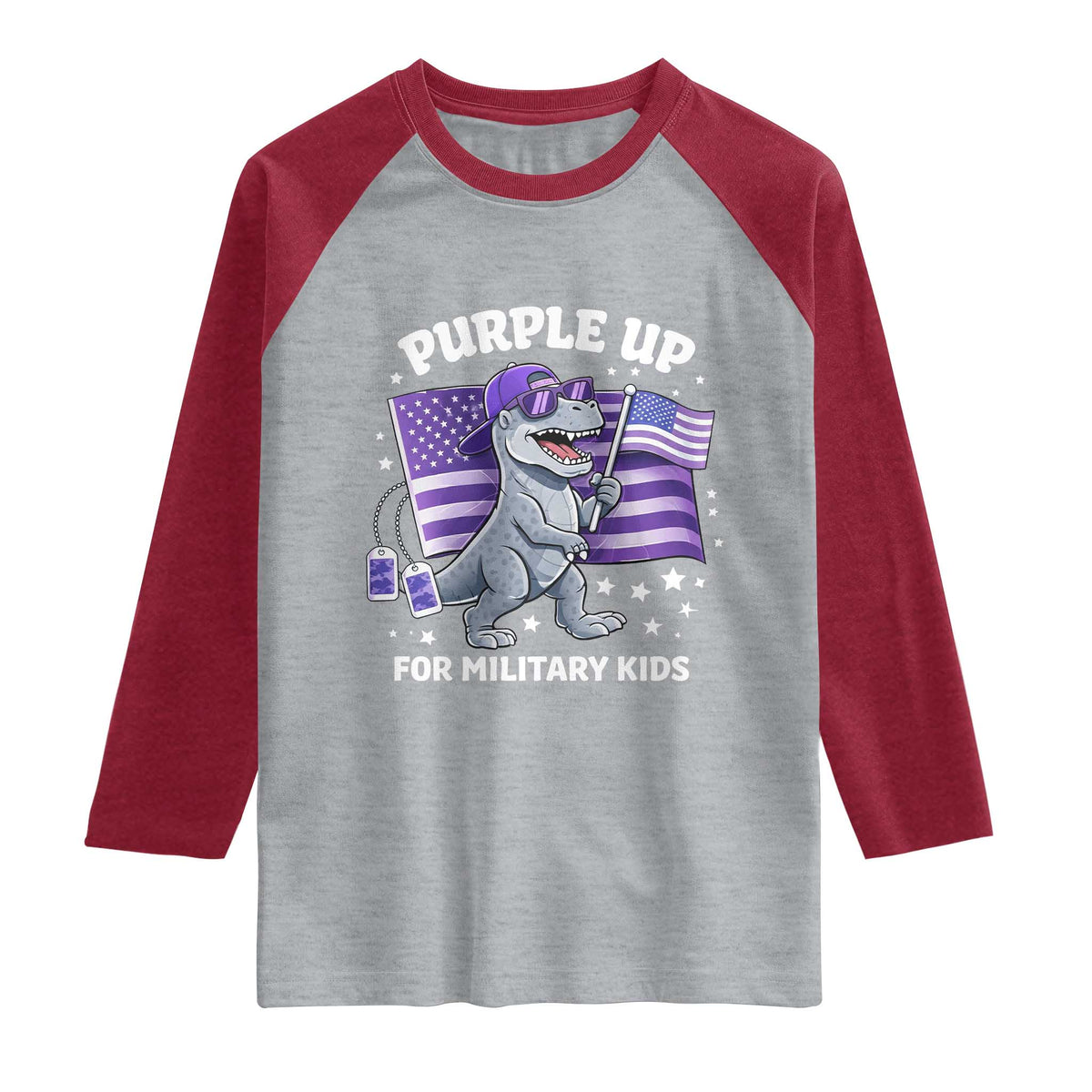 Dinosaur Military Kids Raglan Shirt Purple Up For Military Child Month Patriotic USA Flag TS10 Heather Gray Heather Red Print Your Wear