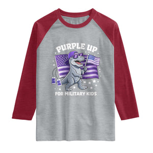 Dinosaur Military Kids Raglan Shirt Purple Up For Military Child Month Patriotic USA Flag TS10 Heather Gray Heather Red Print Your Wear