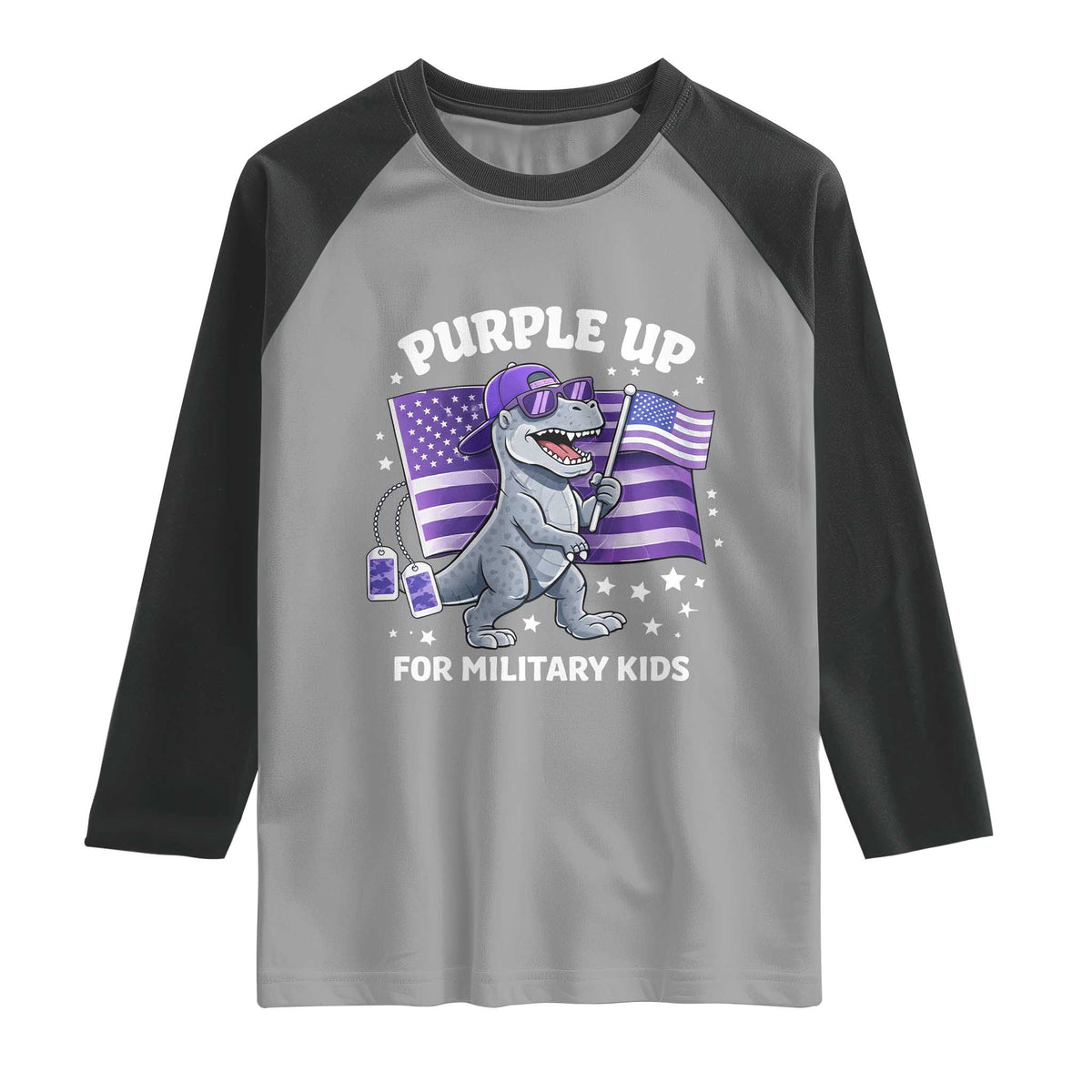 Dinosaur Military Kids Raglan Shirt Purple Up For Military Child Month Patriotic USA Flag TS10 Sport Gray Black Print Your Wear