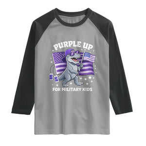 Dinosaur Military Kids Raglan Shirt Purple Up For Military Child Month Patriotic USA Flag TS10 Sport Gray Black Print Your Wear