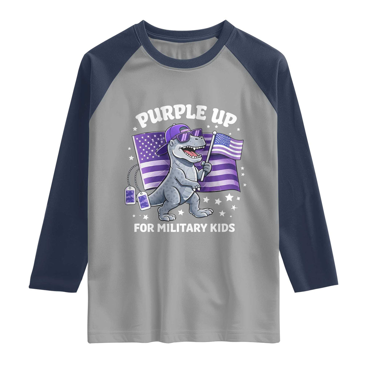 Dinosaur Military Kids Raglan Shirt Purple Up For Military Child Month Patriotic USA Flag TS10 Sport Gray Navy Print Your Wear
