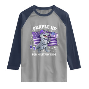 Dinosaur Military Kids Raglan Shirt Purple Up For Military Child Month Patriotic USA Flag TS10 Sport Gray Navy Print Your Wear