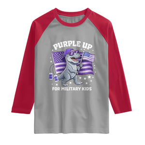 Dinosaur Military Kids Raglan Shirt Purple Up For Military Child Month Patriotic USA Flag TS10 Sport Gray Red Print Your Wear