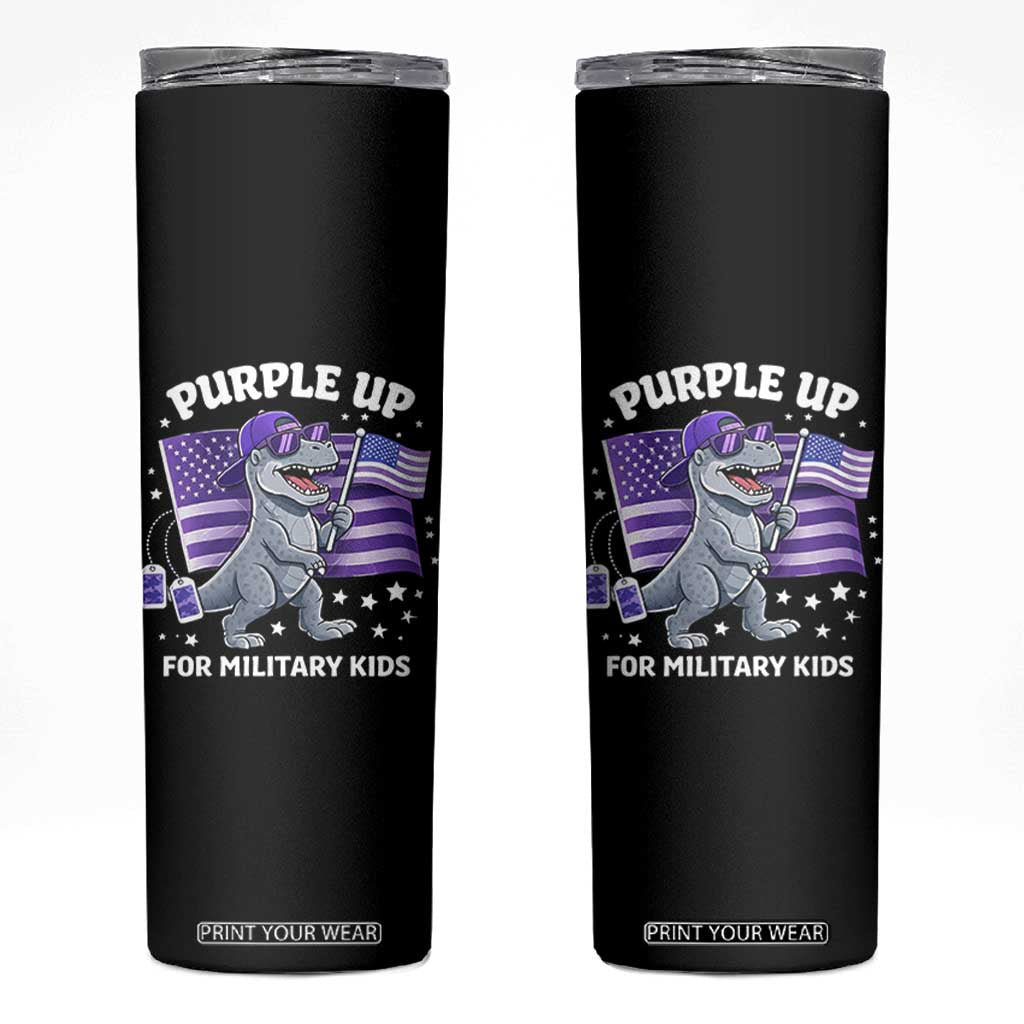 Dinosaur Military Kids Skinny Tumbler Purple Up For Military Child Month Patriotic USA Flag TS10 Black Print Your Wear