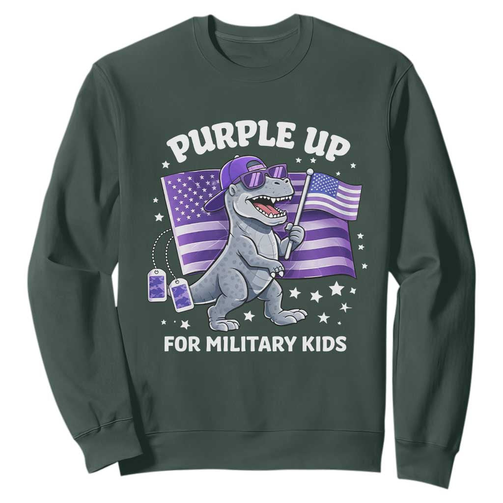 Dinosaur Military Kids Sweatshirt Purple Up For Military Child Month Patriotic USA Flag TS10 Dark Forest Green Print Your Wear