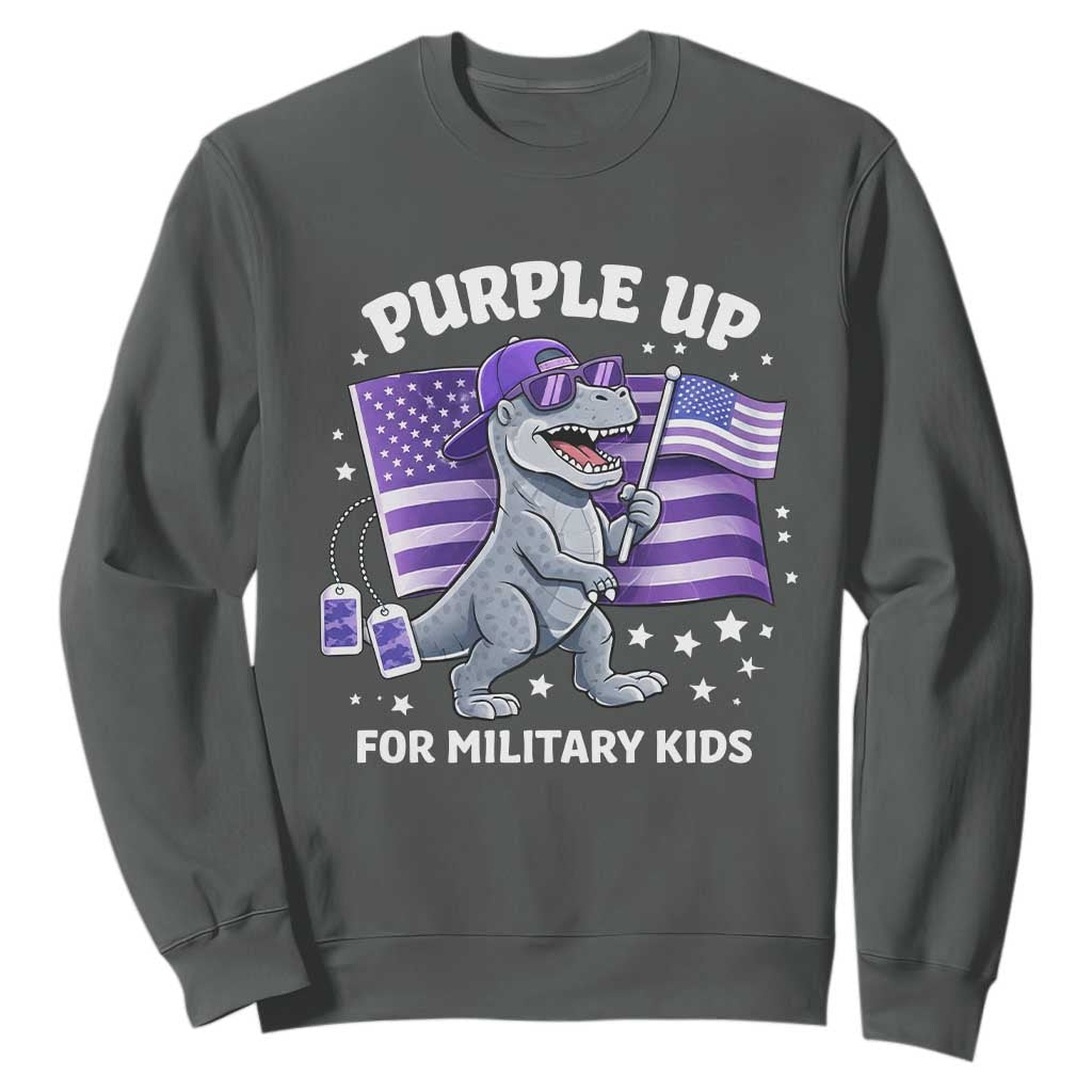 Dinosaur Military Kids Sweatshirt Purple Up For Military Child Month Patriotic USA Flag TS10 Dark Heather Print Your Wear