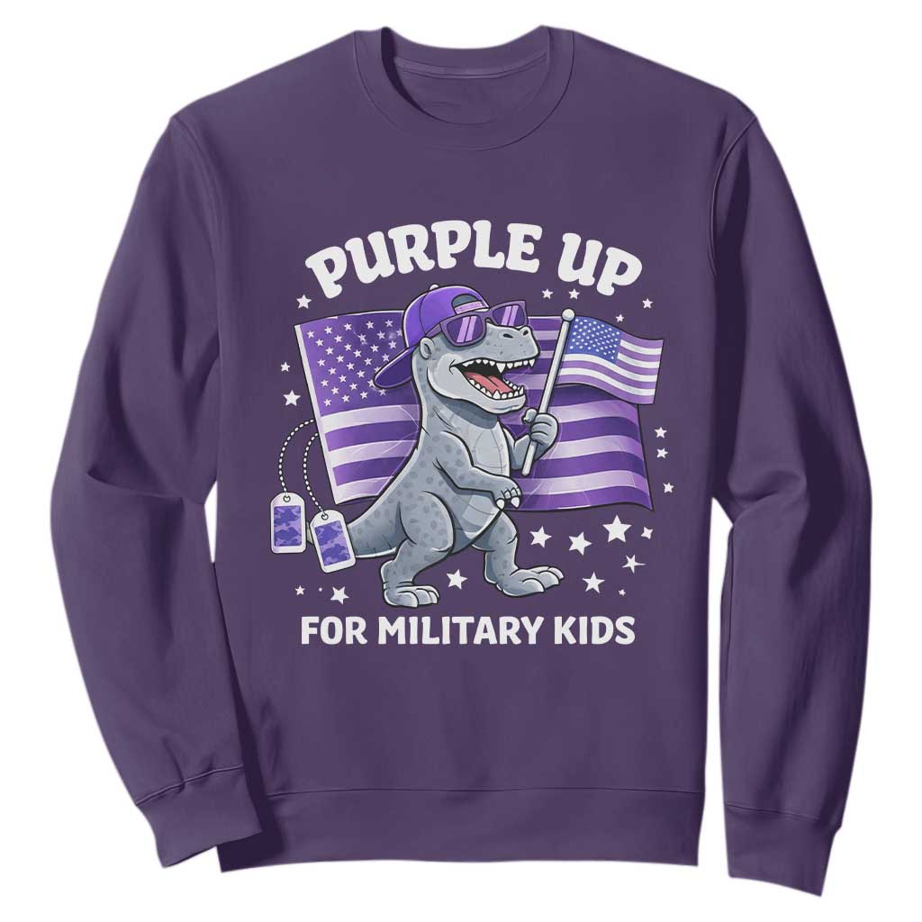Dinosaur Military Kids Sweatshirt Purple Up For Military Child Month Patriotic USA Flag TS10 Purple Print Your Wear