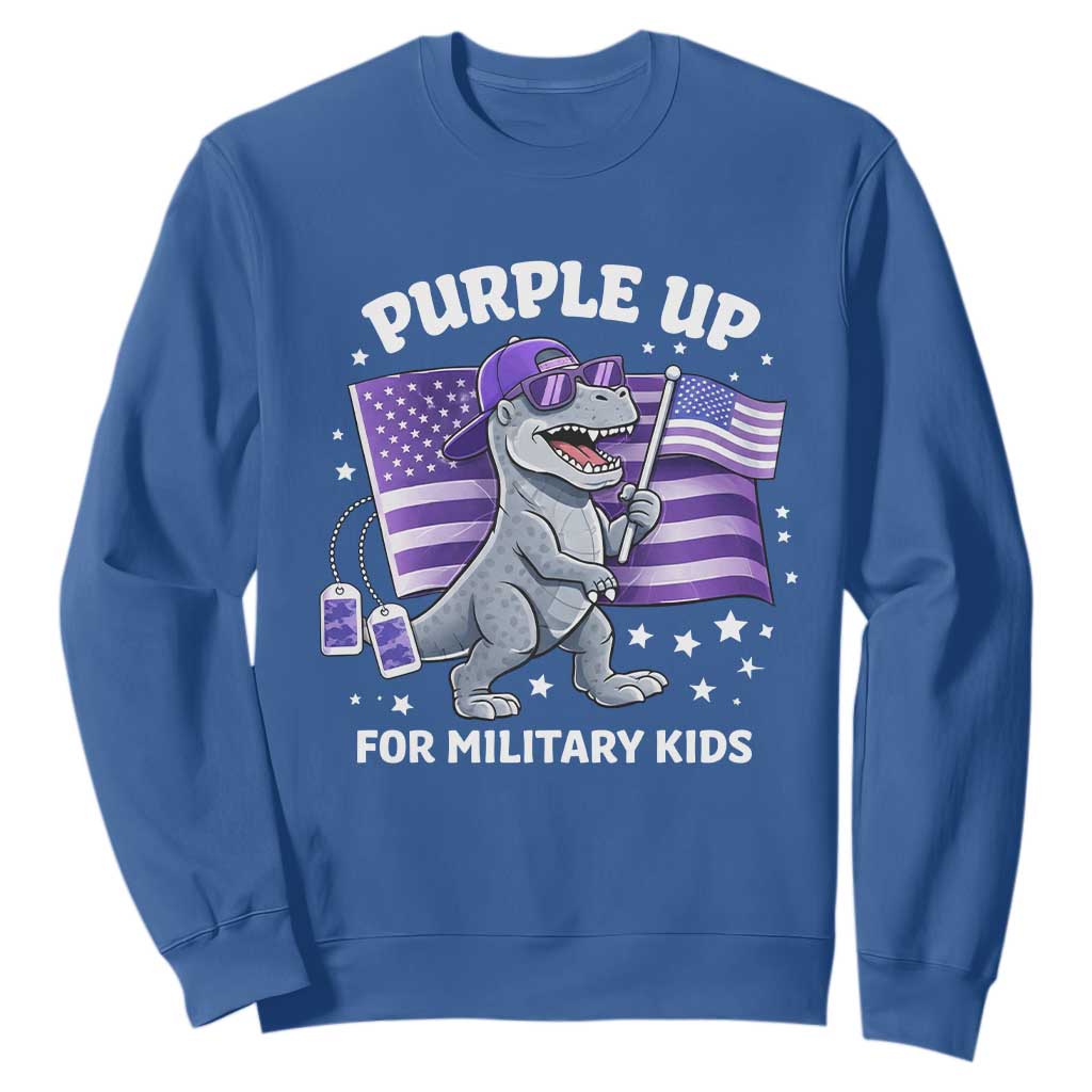 Dinosaur Military Kids Sweatshirt Purple Up For Military Child Month Patriotic USA Flag TS10 Royal Blue Print Your Wear