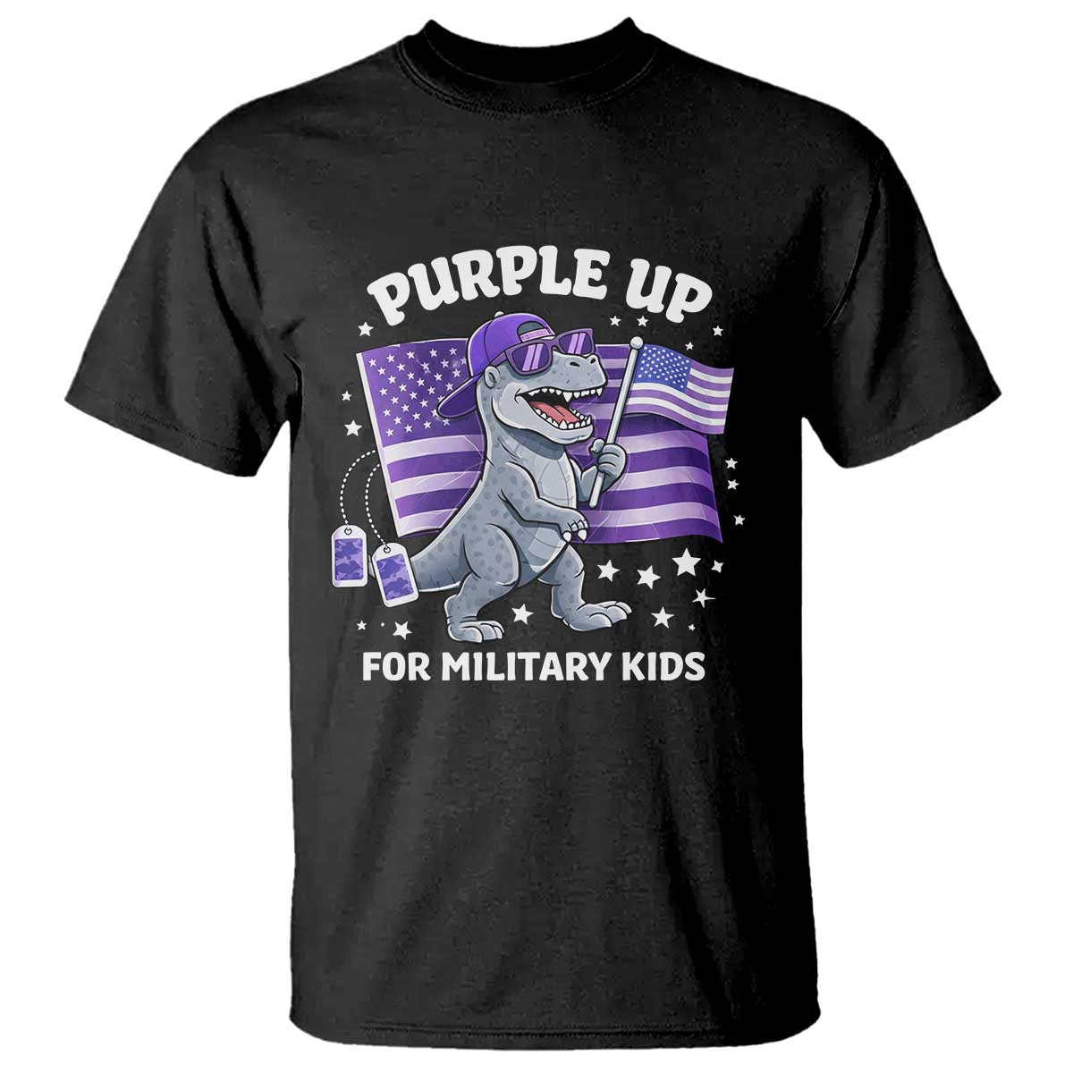Dinosaur Military Kids T Shirt Purple Up For Military Child Month Patriotic USA Flag TS10 Black Print Your Wear
