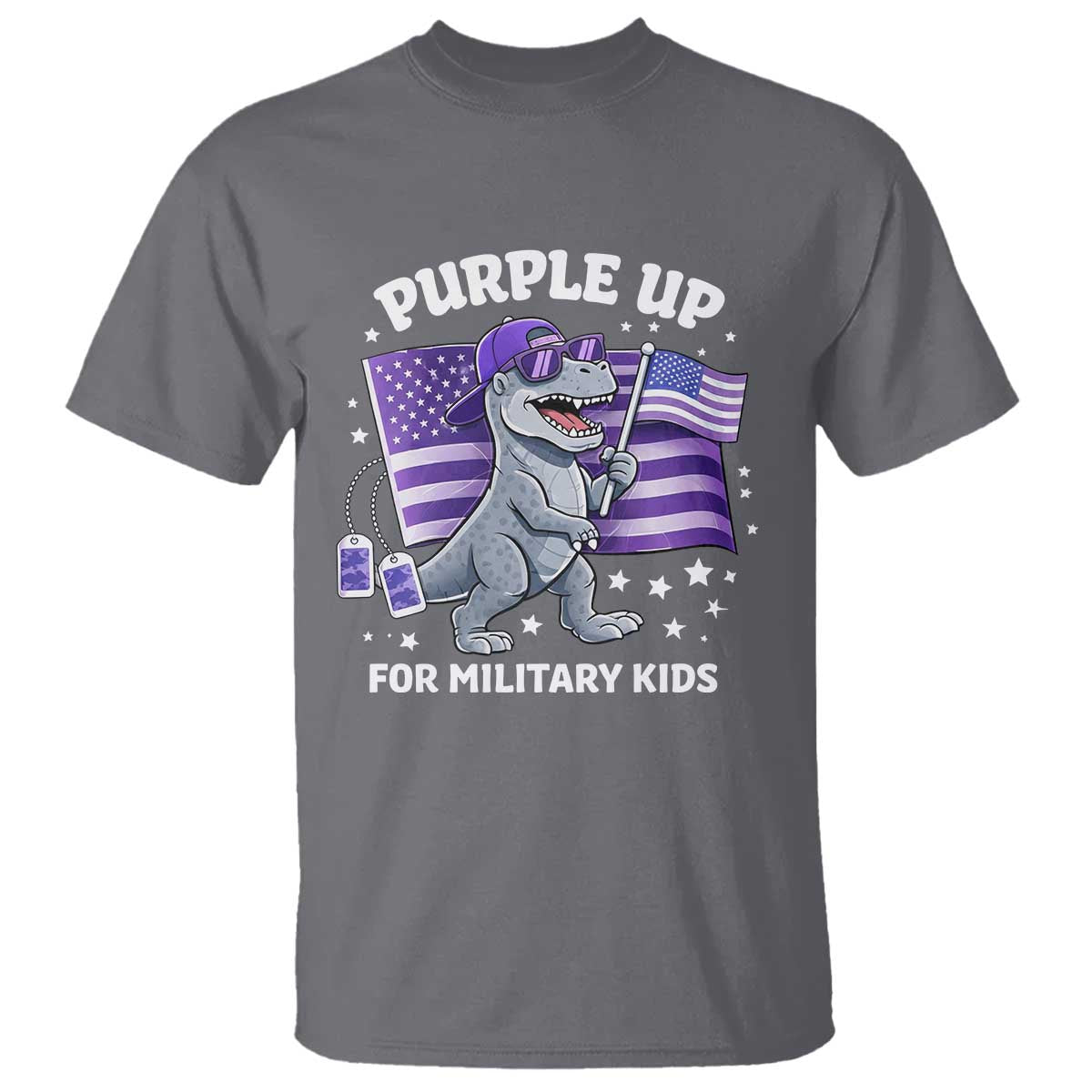 Dinosaur Military Kids T Shirt Purple Up For Military Child Month Patriotic USA Flag TS10 Charcoal Print Your Wear