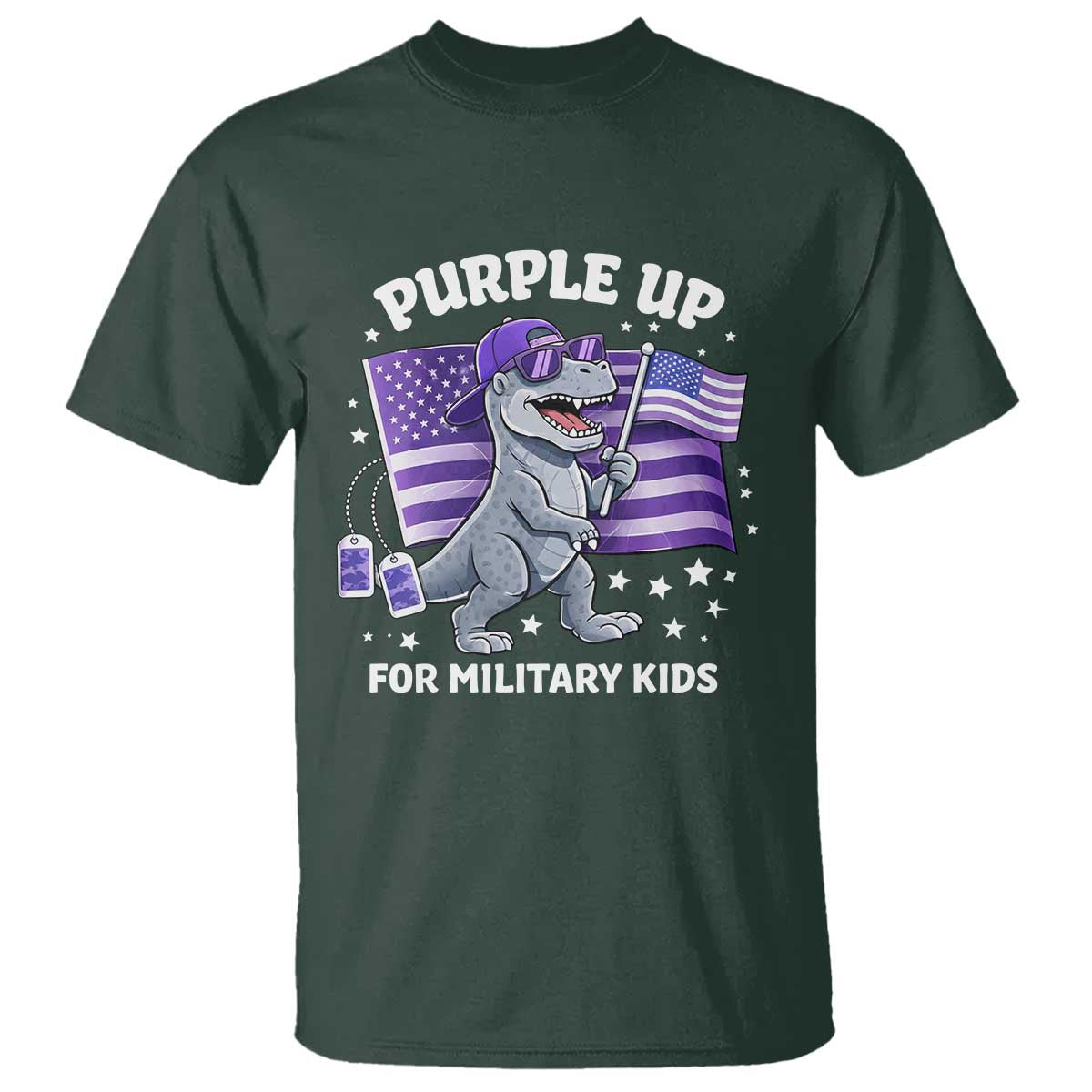 Dinosaur Military Kids T Shirt Purple Up For Military Child Month Patriotic USA Flag TS10 Dark Forest Green Print Your Wear