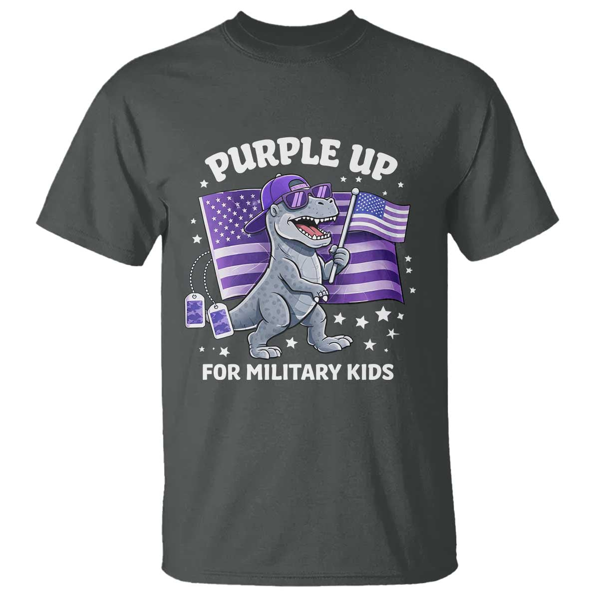 Dinosaur Military Kids T Shirt Purple Up For Military Child Month Patriotic USA Flag TS10 Dark Heather Print Your Wear