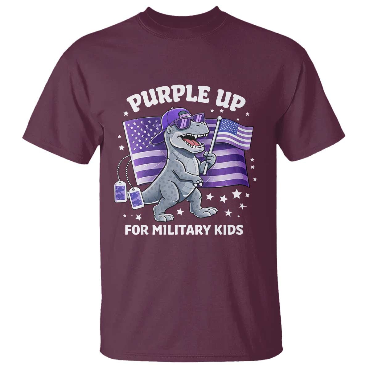 Dinosaur Military Kids T Shirt Purple Up For Military Child Month Patriotic USA Flag TS10 Maroon Print Your Wear