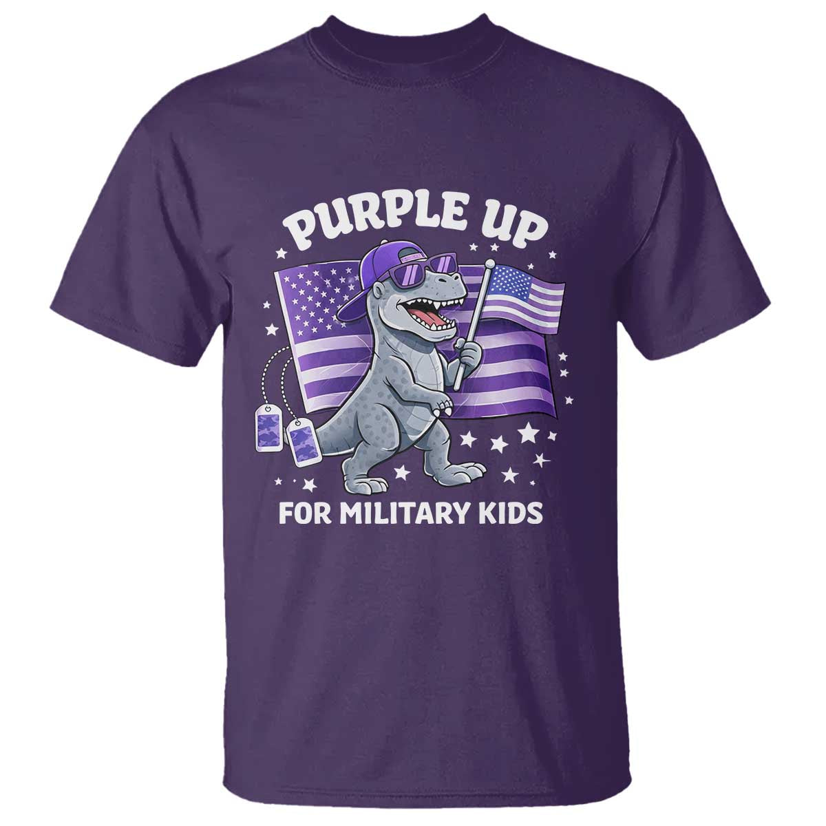 Dinosaur Military Kids T Shirt Purple Up For Military Child Month Patriotic USA Flag TS10 Purple Print Your Wear