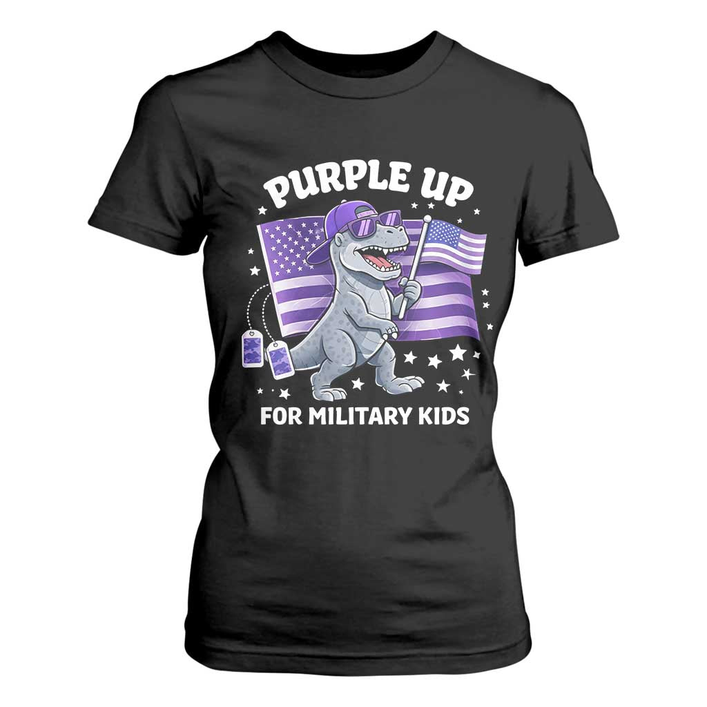 Dinosaur Military Kids T Shirt For Women Purple Up For Military Child Month Patriotic USA Flag TS10 Black Print Your Wear