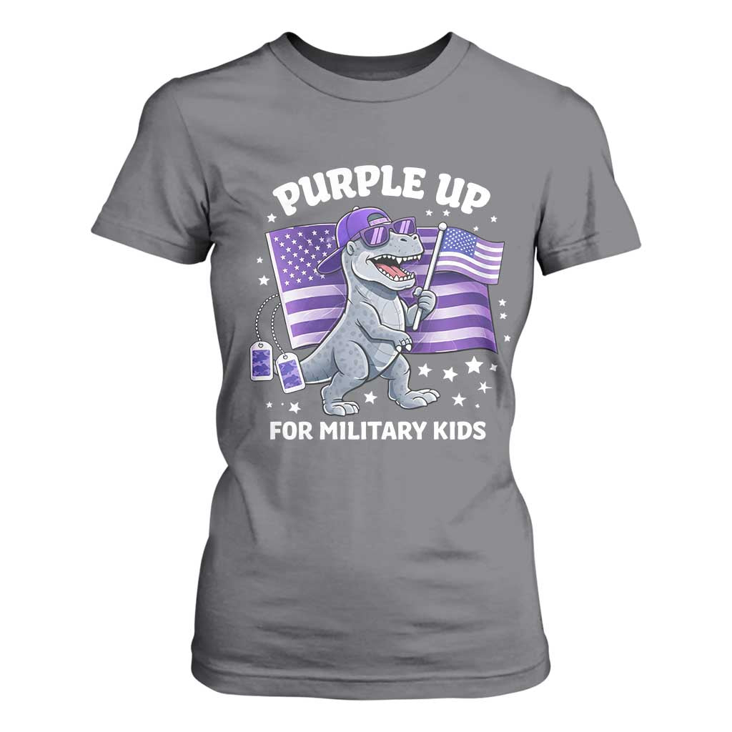 Dinosaur Military Kids T Shirt For Women Purple Up For Military Child Month Patriotic USA Flag TS10 Charcoal Print Your Wear