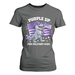 Dinosaur Military Kids T Shirt For Women Purple Up For Military Child Month Patriotic USA Flag TS10 Dark Heather Print Your Wear