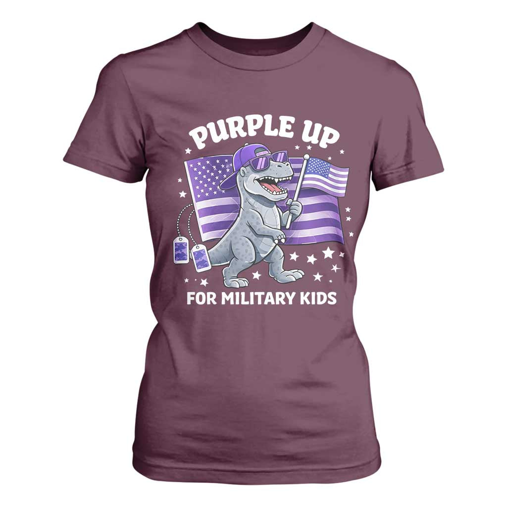 Dinosaur Military Kids T Shirt For Women Purple Up For Military Child Month Patriotic USA Flag TS10 Maroon Print Your Wear