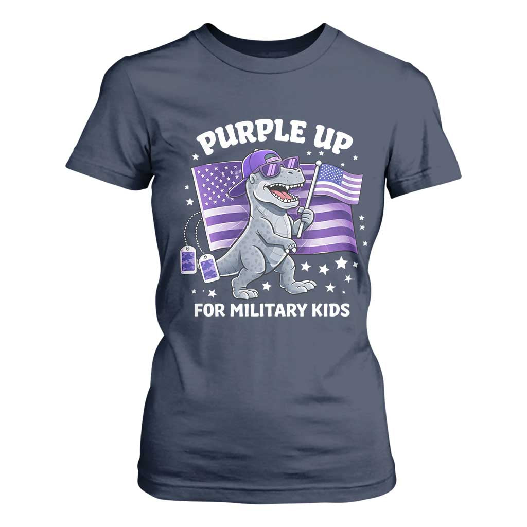 Dinosaur Military Kids T Shirt For Women Purple Up For Military Child Month Patriotic USA Flag TS10 Navy Print Your Wear