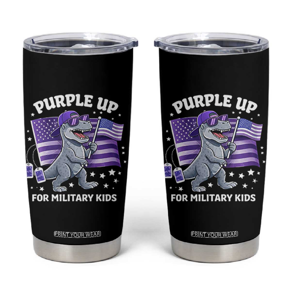 Dinosaur Military Kids Tumbler Cup Purple Up For Military Child Month Patriotic USA Flag TS10 Black Print Your Wear