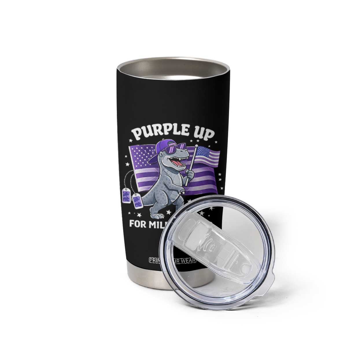 Dinosaur Military Kids Tumbler Cup Purple Up For Military Child Month Patriotic USA Flag TS10 Print Your Wear