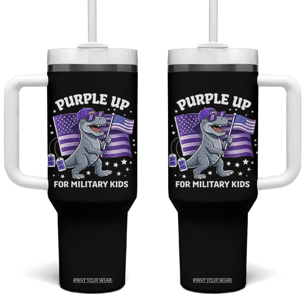 Dinosaur Military Kids Tumbler With Handle Purple Up For Military Child Month Patriotic USA Flag TS10 One Size: 40 oz Black Print Your Wear