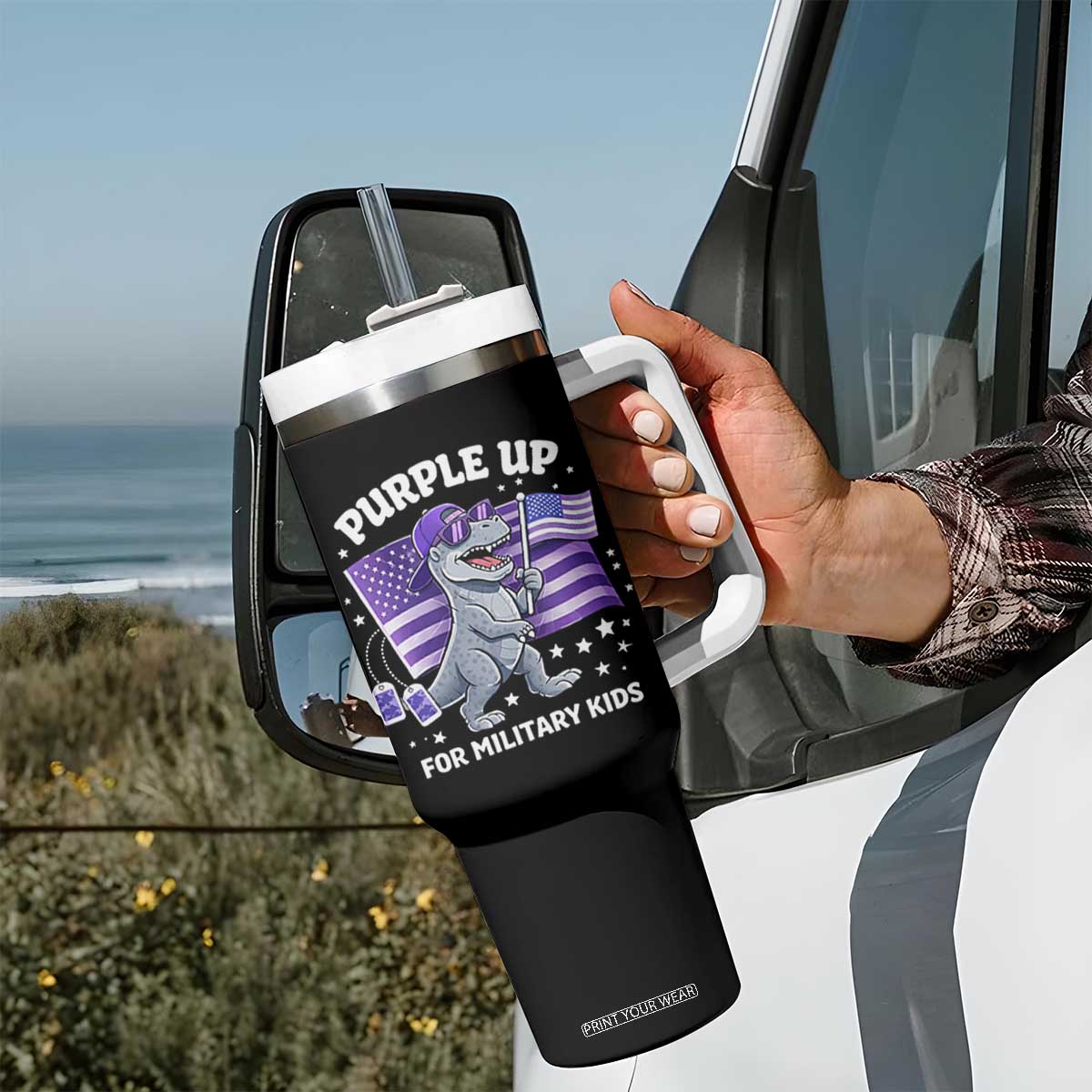 Dinosaur Military Kids Tumbler With Handle Purple Up For Military Child Month Patriotic USA Flag TS10 Print Your Wear