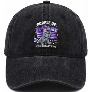 Dinosaur Military Kids Washed Cotton Baseball Cap Purple Up For Military Child Month Patriotic USA Flag TS10 Washed Cap Universal Fit Black Print Your Wear