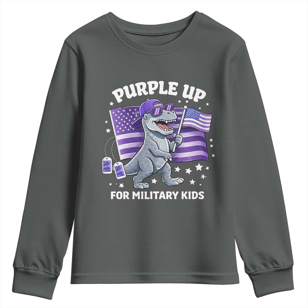 Dinosaur Military Kids Youth Sweatshirt Purple Up For Military Child Month Patriotic USA Flag TS10 Dark Heather Print Your Wear