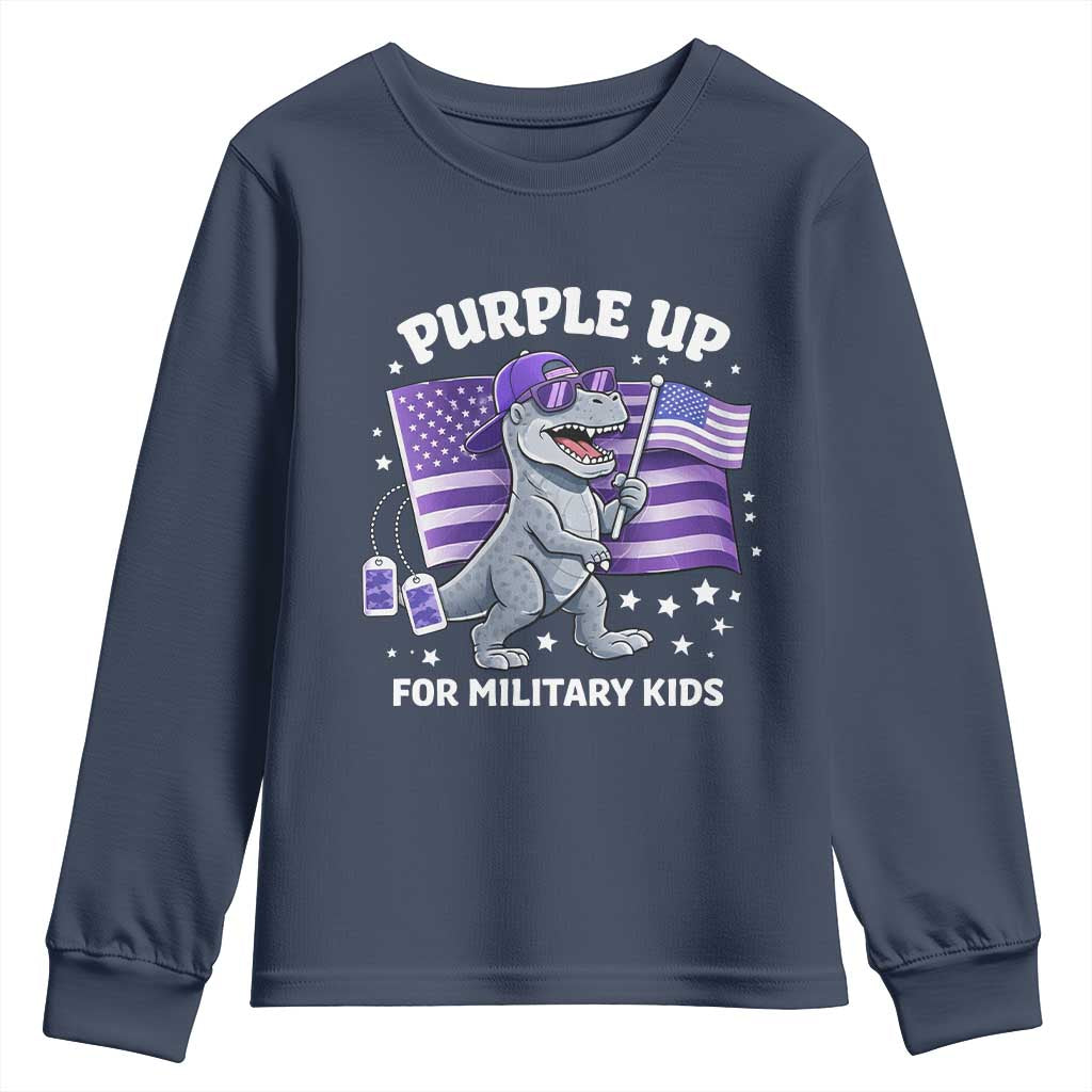 Dinosaur Military Kids Youth Sweatshirt Purple Up For Military Child Month Patriotic USA Flag TS10 Navy Print Your Wear