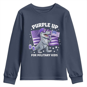 Dinosaur Military Kids Youth Sweatshirt Purple Up For Military Child Month Patriotic USA Flag TS10 Navy Print Your Wear