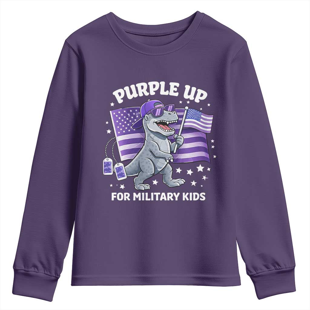 Dinosaur Military Kids Youth Sweatshirt Purple Up For Military Child Month Patriotic USA Flag TS10 Purple Print Your Wear