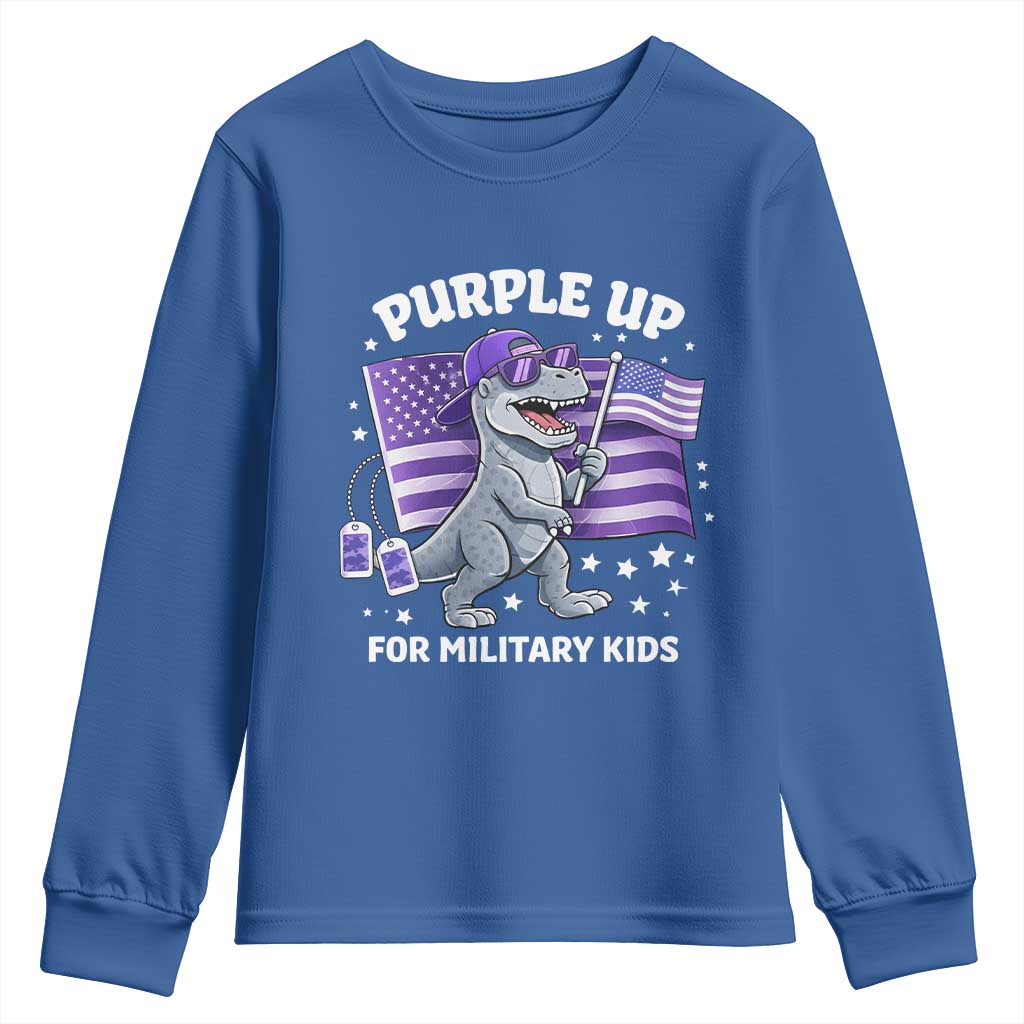 Dinosaur Military Kids Youth Sweatshirt Purple Up For Military Child Month Patriotic USA Flag TS10 Royal Blue Print Your Wear