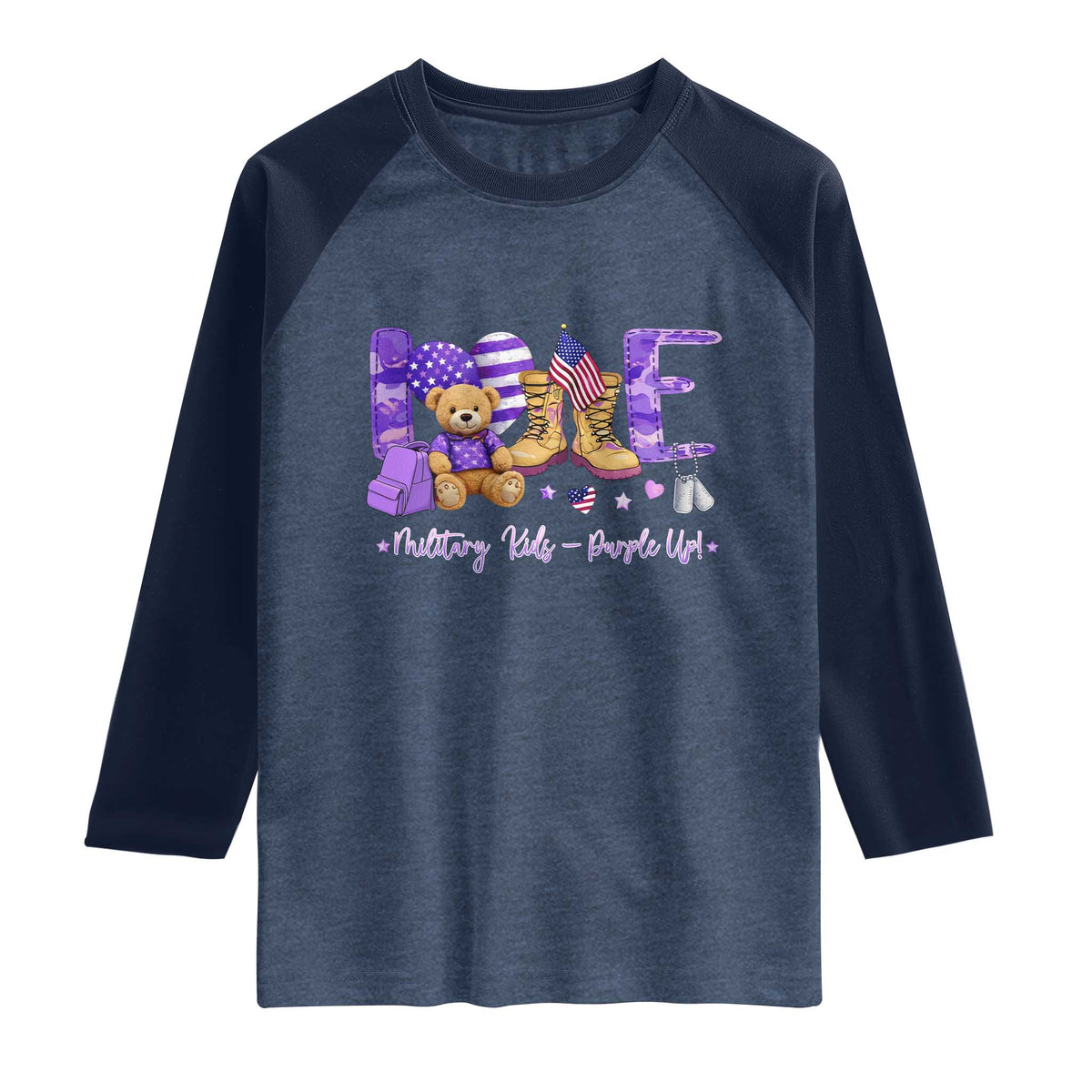 Purple Up Military Kids Raglan Shirt Month Of Military Child Army TS10 Heather Denim Navy Print Your Wear