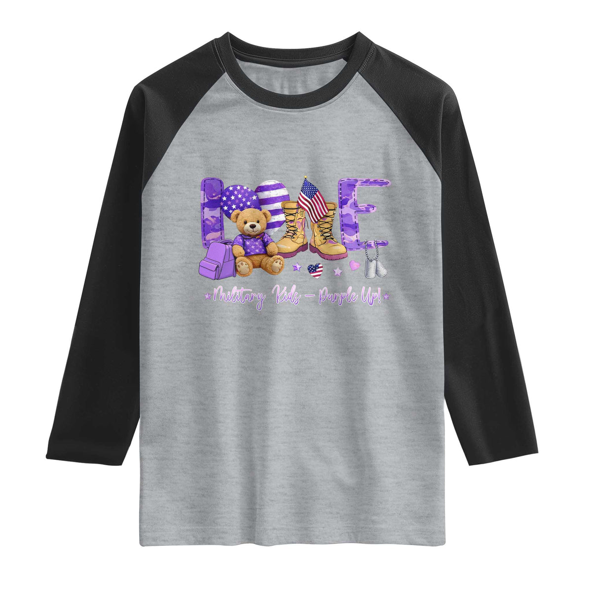 Purple Up Military Kids Raglan Shirt Month Of Military Child Army TS10 Heather Gray Black Print Your Wear
