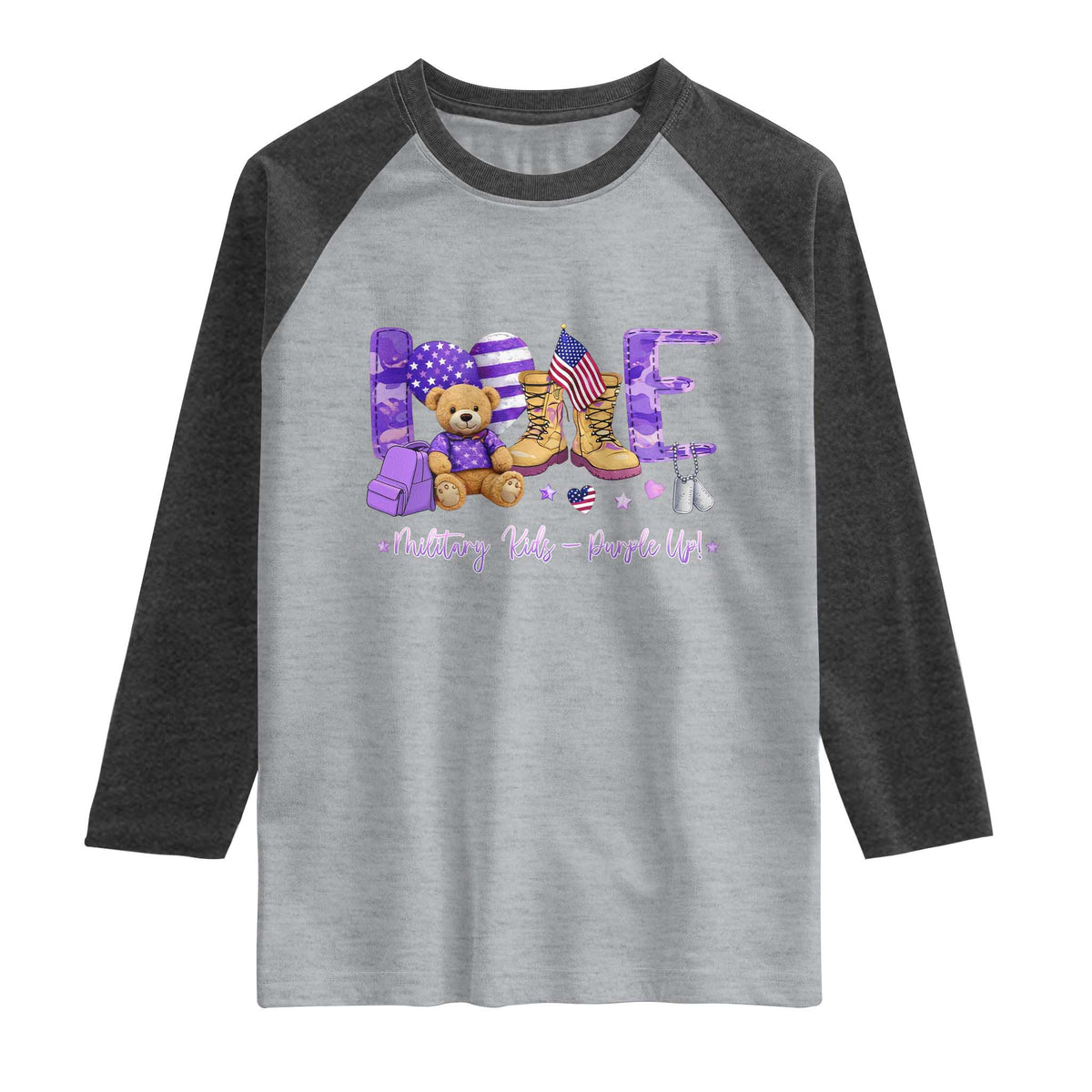 Purple Up Military Kids Raglan Shirt Month Of Military Child Army TS10 Heather Gray Heather Charcoal Print Your Wear