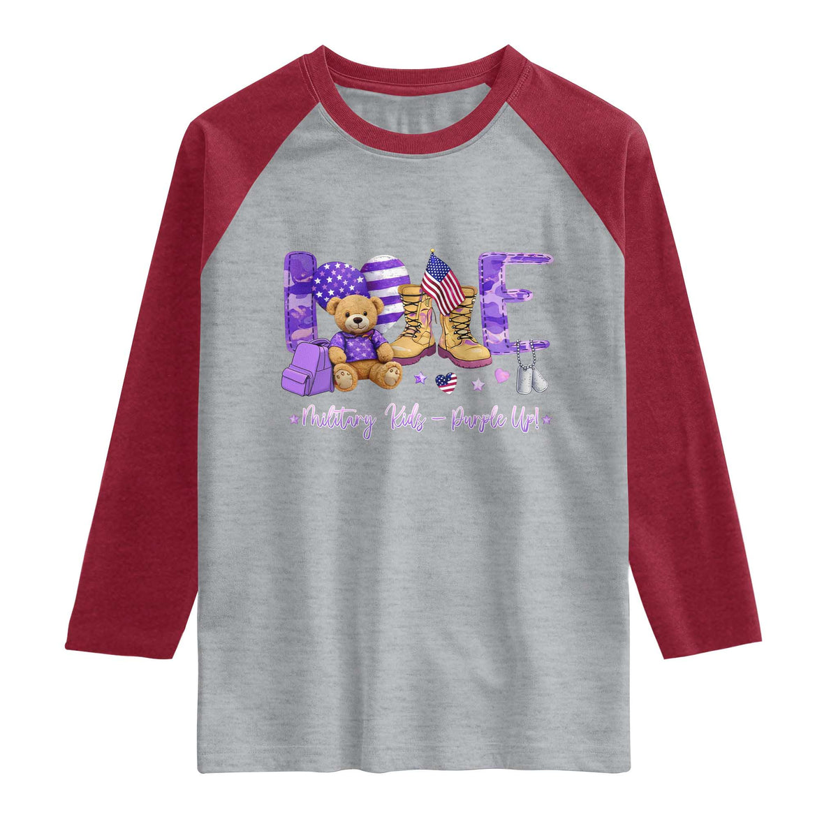 Purple Up Military Kids Raglan Shirt Month Of Military Child Army TS10 Heather Gray Heather Red Print Your Wear