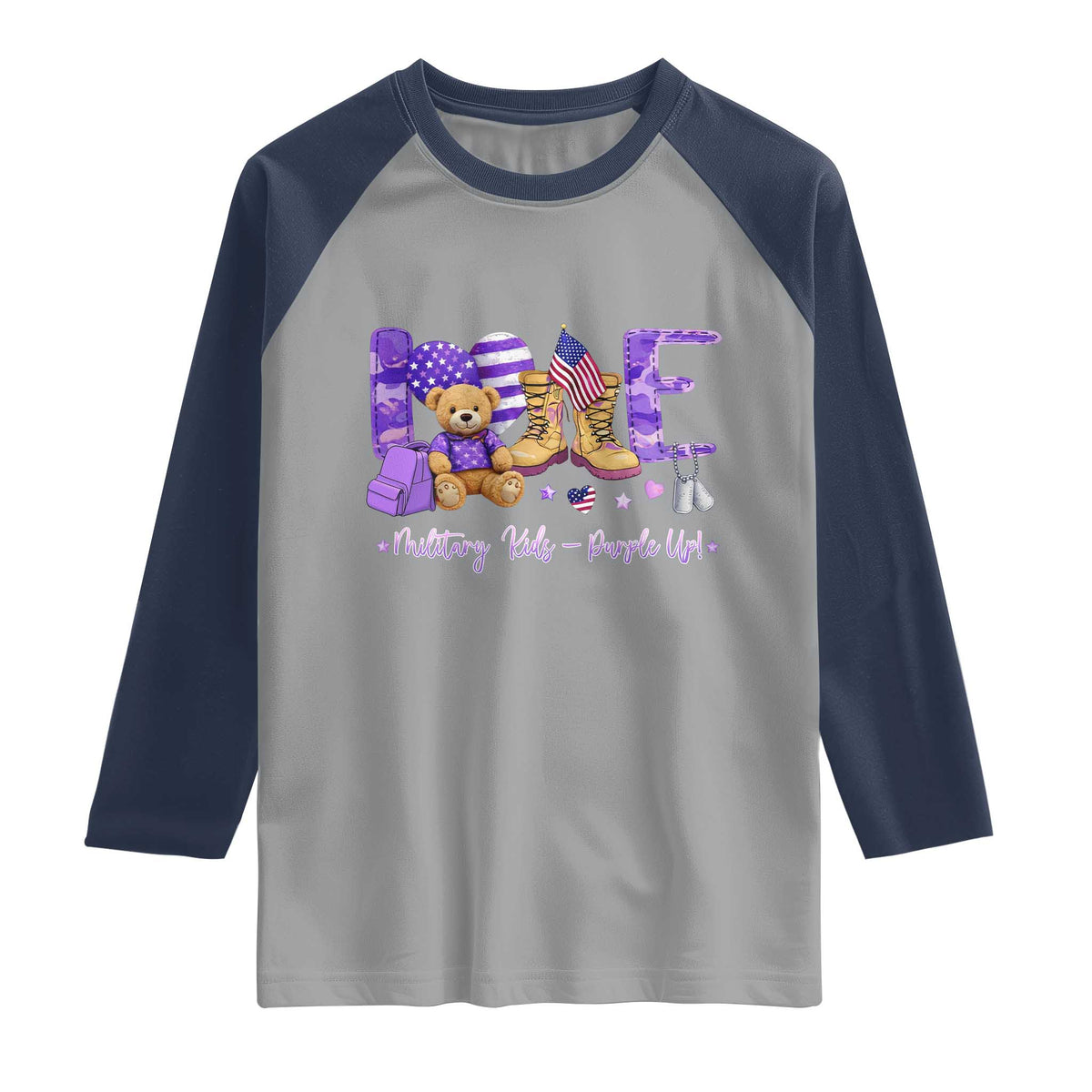 Purple Up Military Kids Raglan Shirt Month Of Military Child Army TS10 Sport Gray Navy Print Your Wear