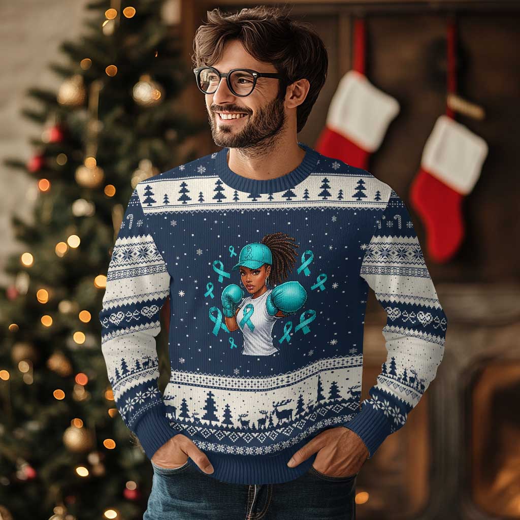 Black Women Fight Sexual Assault Awareness Ugly Christmas Sweater African American Teal Ribbon Support TS10 Navy Beige Print Your Wear