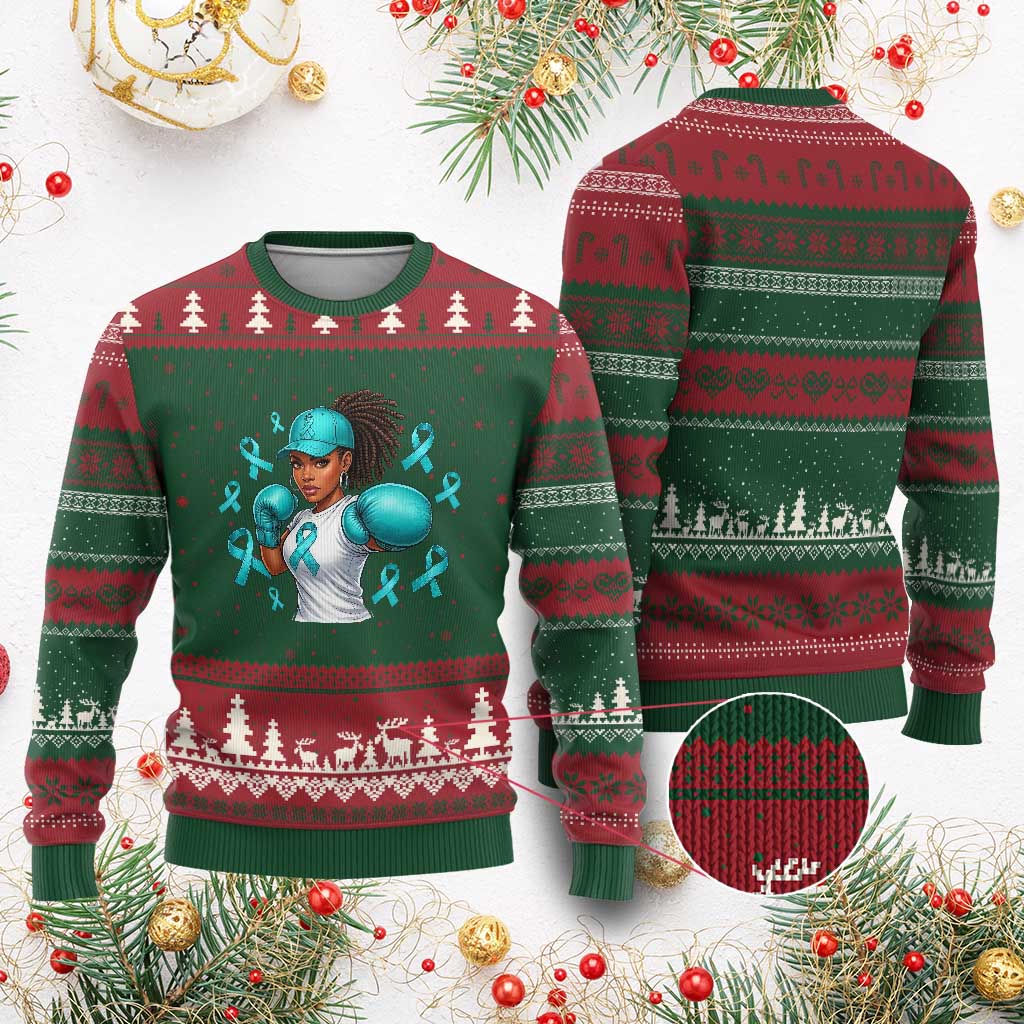 Black Women Fight Sexual Assault Awareness Ugly Christmas Sweater African American Teal Ribbon Support TS10 Red Green Print Your Wear