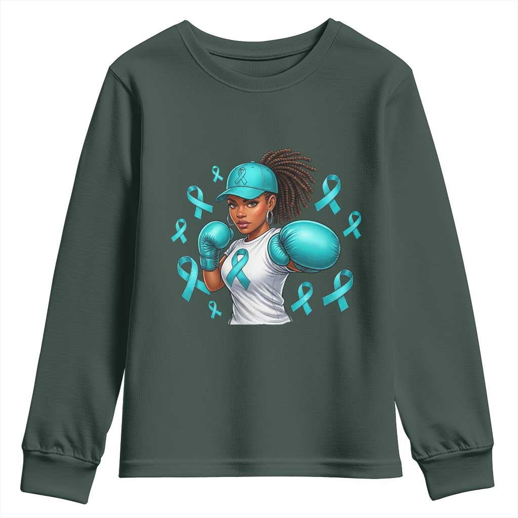 Black Women Fight Sexual Assault Awareness Youth Sweatshirt African American Teal Ribbon Support TS10 Dark Forest Green Print Your Wear