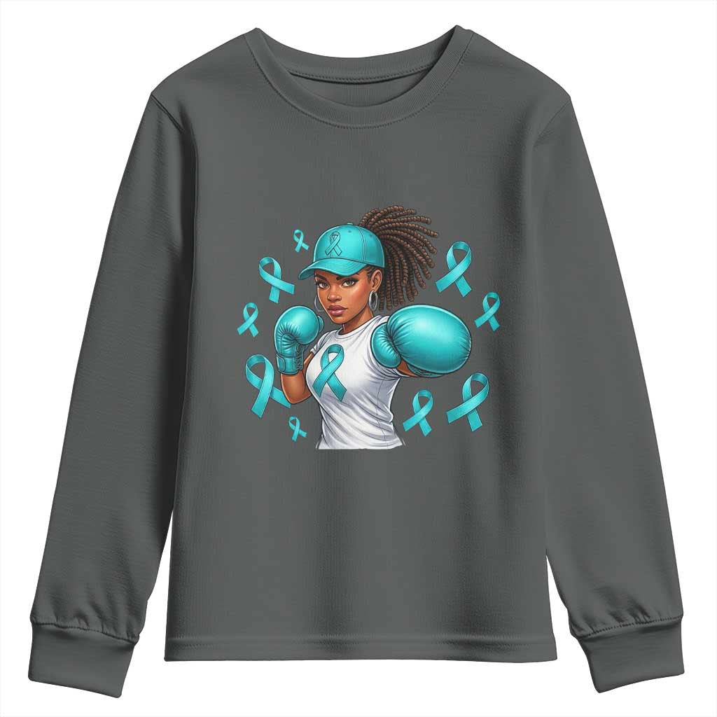 Black Women Fight Sexual Assault Awareness Youth Sweatshirt African American Teal Ribbon Support TS10 Dark Heather Print Your Wear