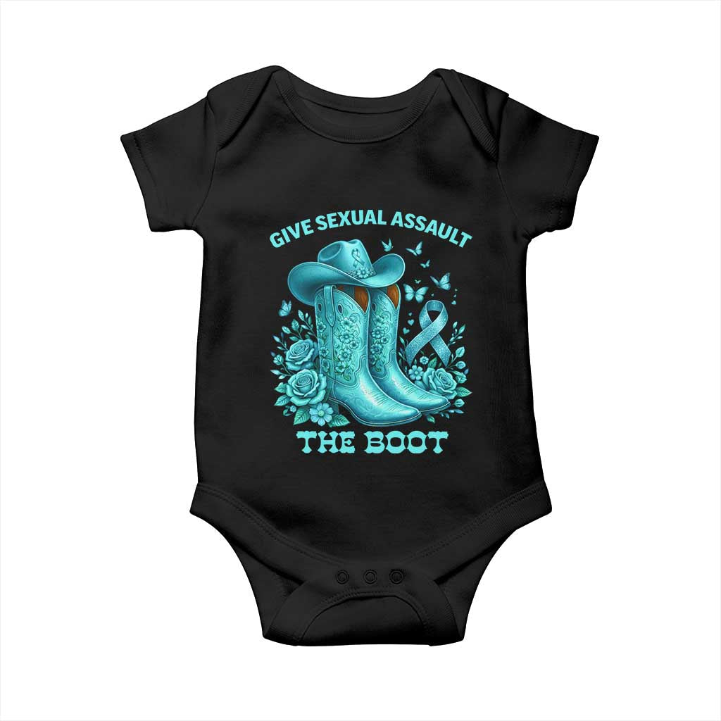 Give Sexual Assault The Boot Baby Onesie Cowgirl Awareness Month Teal Ribbon Support TS10 Black Print Your Wear