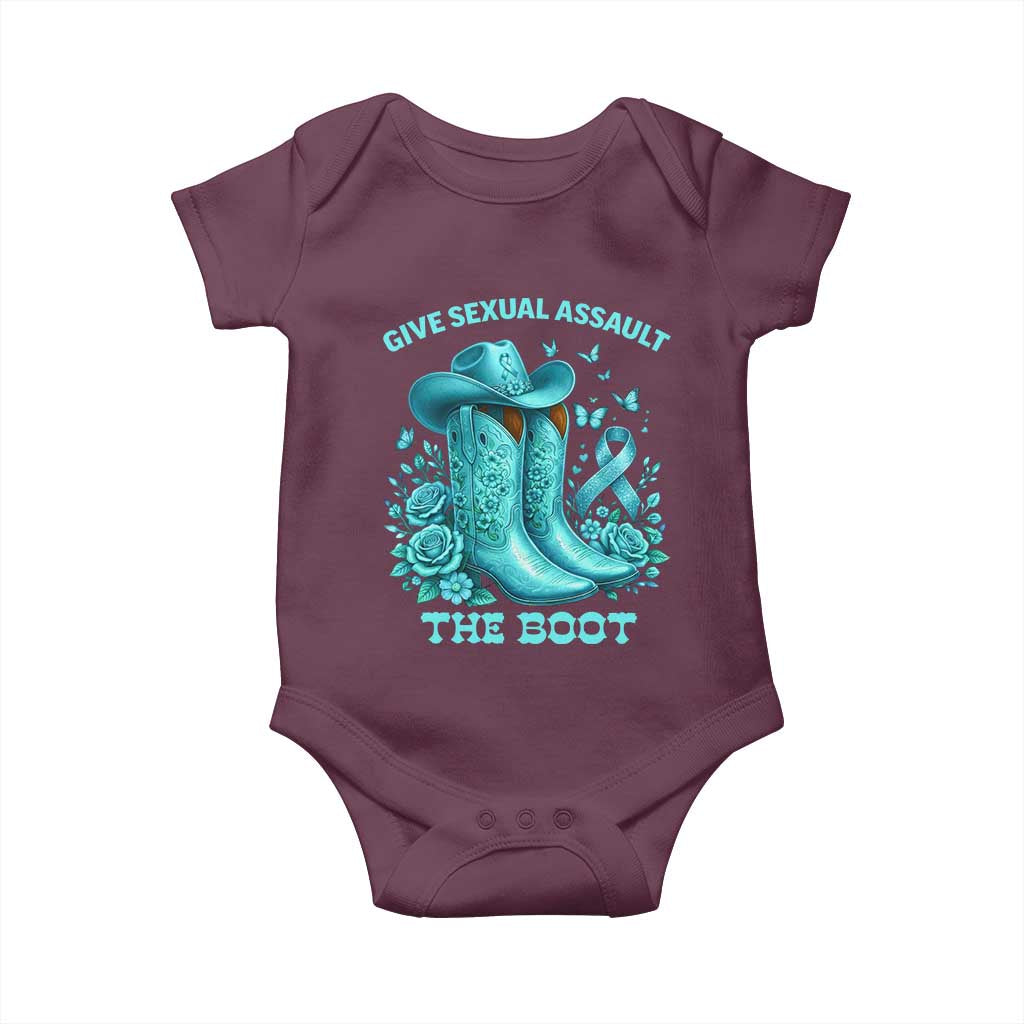 Give Sexual Assault The Boot Baby Onesie Cowgirl Awareness Month Teal Ribbon Support TS10 Maroon Print Your Wear